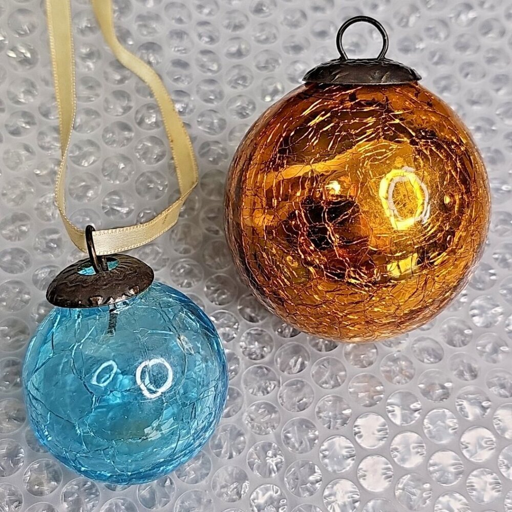 Crackle Glass Pair Christmas Ornaments 2pcs Blue And Gold
